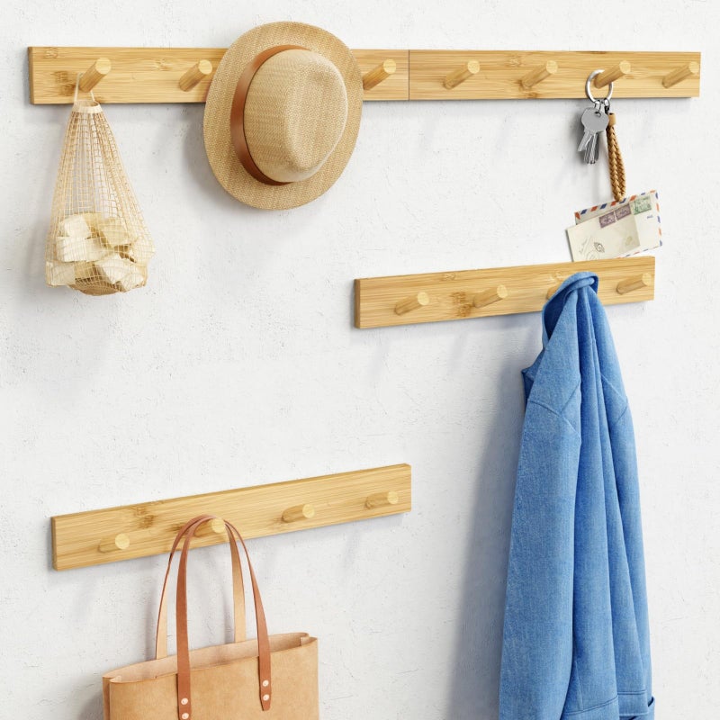 Forbena Natural Wood Coat Rack Wall Mount Set of 4, Wooden Wall Hooks for Bathroom Towels, Vertical Coat Hanger for Kids Room, Boys Girls Bedroom, Office, Entryway Keys Hats and Shoes -16 Hooks - Image 1