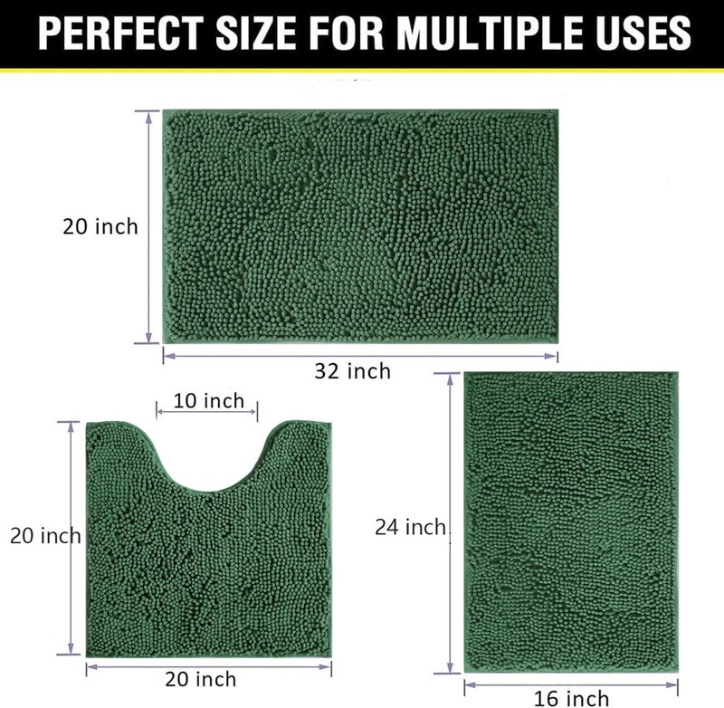 BOANKODU Bathroom Rugs Luxury Chenille 3-Piece Extra Soft and Absorbent Shag Bathroom Rugs, Machine Wash Mat, Strong PVC Non-Slip Underside, Plush Carpet Mats (Dark Green) - Image 2