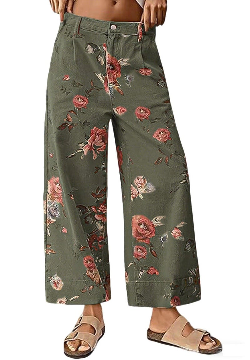 loveimgs Women Mid Rise Cropped Wide Leg Jeans Baggy Floral Ankle Pants Denim Capris Flare Print Boho Palazzo Jeans Boyfriend (XX-Large,Army Green) - Image 1