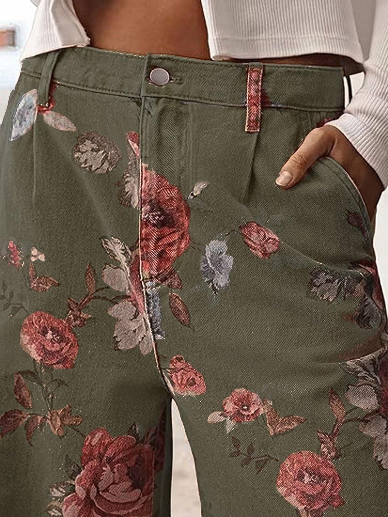 loveimgs Women Mid Rise Cropped Wide Leg Jeans Baggy Floral Ankle Pants Denim Capris Flare Print Boho Palazzo Jeans Boyfriend (XX-Large,Army Green) - Image 3