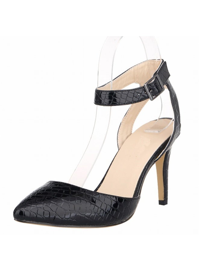 Loquat صنادل كعب عالي مدببة الأصابع بتصميم رقعة من جلد التمساح المنقوش 8 سم باللون الأسود - Image 1