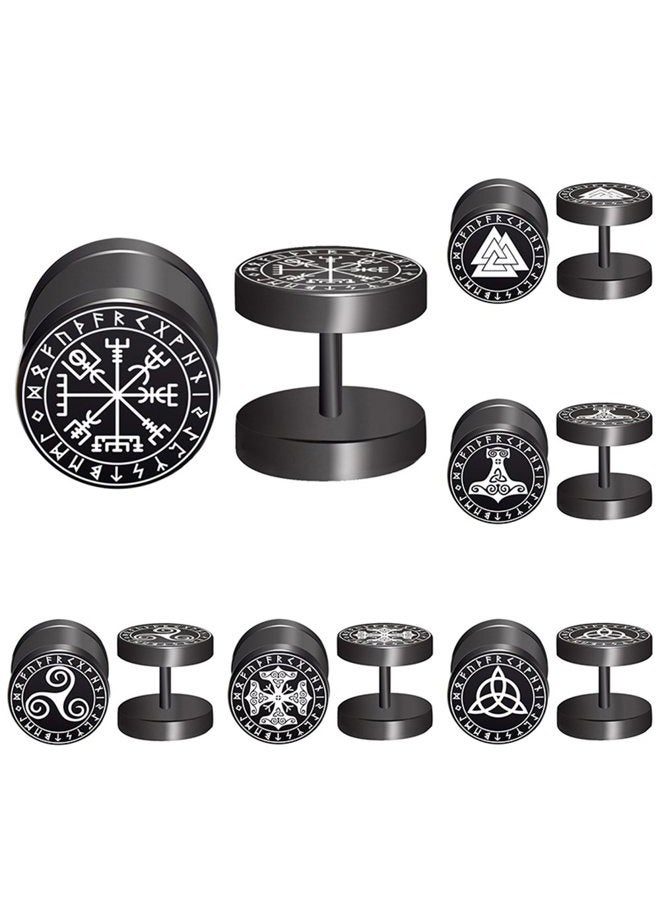 FLYUN 6Pairs Viking Earrings for Men,Mens Earrings, Fake Gauges Fake Plug Earrings, Black Stud Norse Jewelry Punk Male Men's Guys Goth Stainless Steel Pirate Earrings, Metal, stainless steel - Image 1