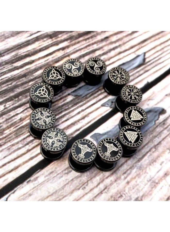 FLYUN 6Pairs Viking Earrings for Men,Mens Earrings, Fake Gauges Fake Plug Earrings, Black Stud Norse Jewelry Punk Male Men's Guys Goth Stainless Steel Pirate Earrings, Metal, stainless steel - Image 4