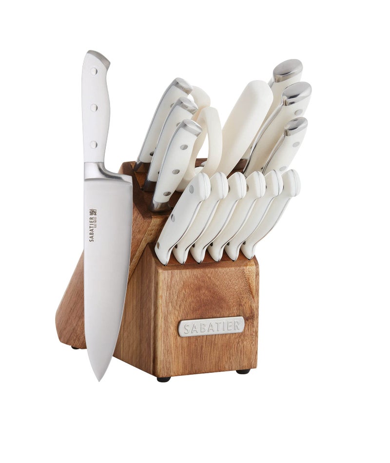 Sabatier 15-Piece Forged Triple Rivet Knife Block Set, High-Carbon Stainless Steel Kitchen Knives, Razor-Sharp Knife set with Acacia Wood Block, White Handles - Image 1