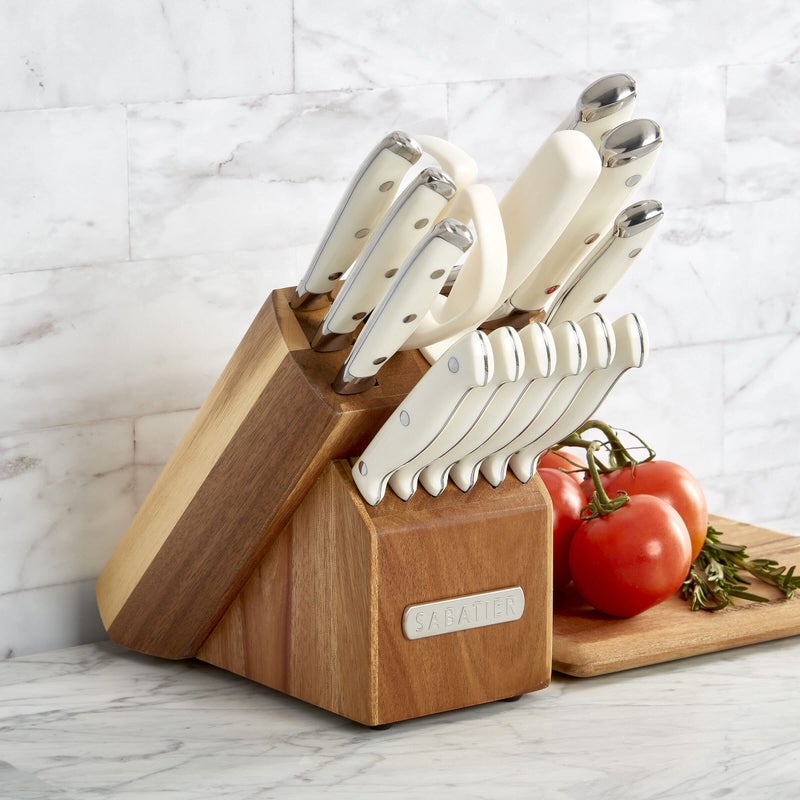 Sabatier 15-Piece Forged Triple Rivet Knife Block Set, High-Carbon Stainless Steel Kitchen Knives, Razor-Sharp Knife set with Acacia Wood Block, White Handles - Image 5