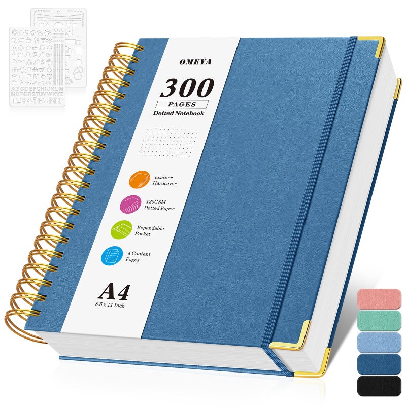 OMEYA Bullet Dotted Journal Spiral Notebook, 300 Pages Leather Notebooks with Contens, 120 GSM Thick No Bleed Through Paper Journals, A4 Dot Grid Notebook for Women Men Work Writing, 8.5" x 11", Dark Blue - Image 1