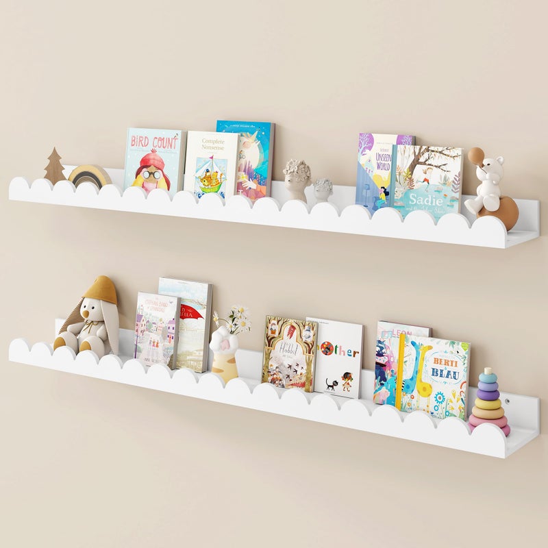 Fun Memories 36 Inch Scalloped Nursery Shelf, White Picture Ledge for Wall, Set of 2, Kids Book Shelves with Floating Design for Kids Rooms, Bedroom - Image 1