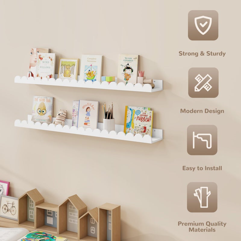 Fun Memories 36 Inch Scalloped Nursery Shelf, White Picture Ledge for Wall, Set of 2, Kids Book Shelves with Floating Design for Kids Rooms, Bedroom - Image 4
