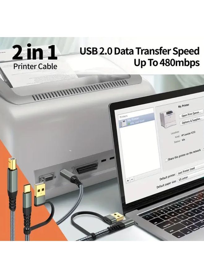 2 in 1 High Speed USB C and USB A to USB B Printer Cable 10ft Grey Compatible HP Epson Brother - Image 4