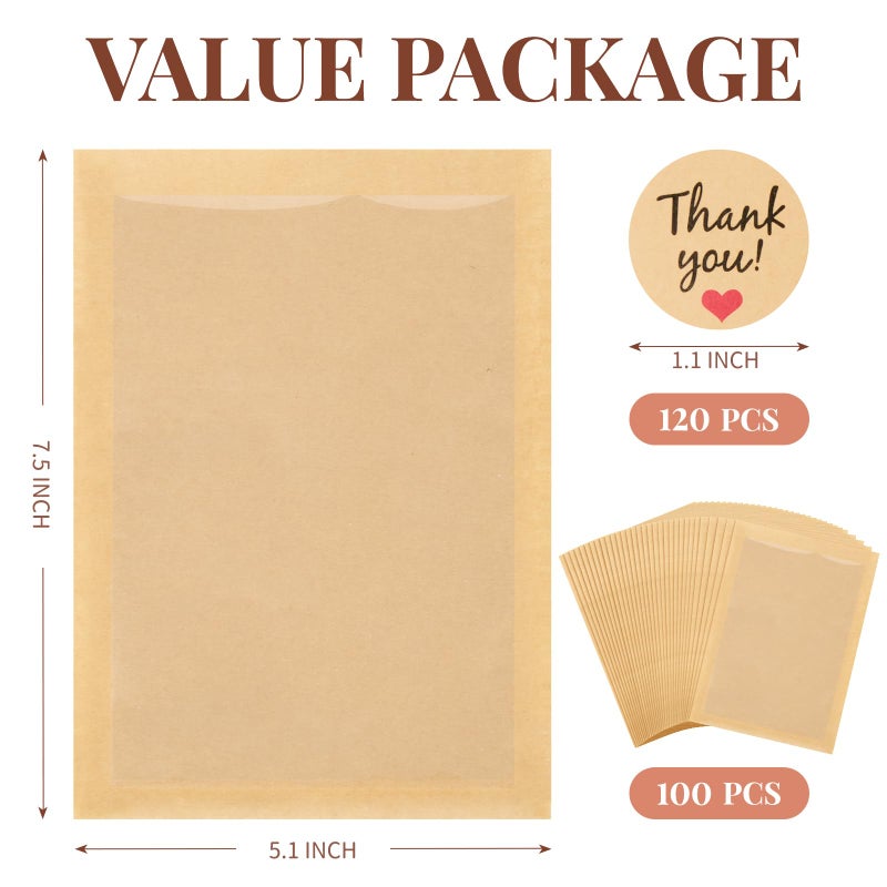 ZORRITA 100 Pack Heat-Sealable Cookie Bags with Window, 5.1 x 7.5 Inches Small Clear Front To Go Bakery Bags, Grease Resistant Kraft Paper Treat Sleeves for Packaging Snack Donut Pastry (Brown) - Image 2