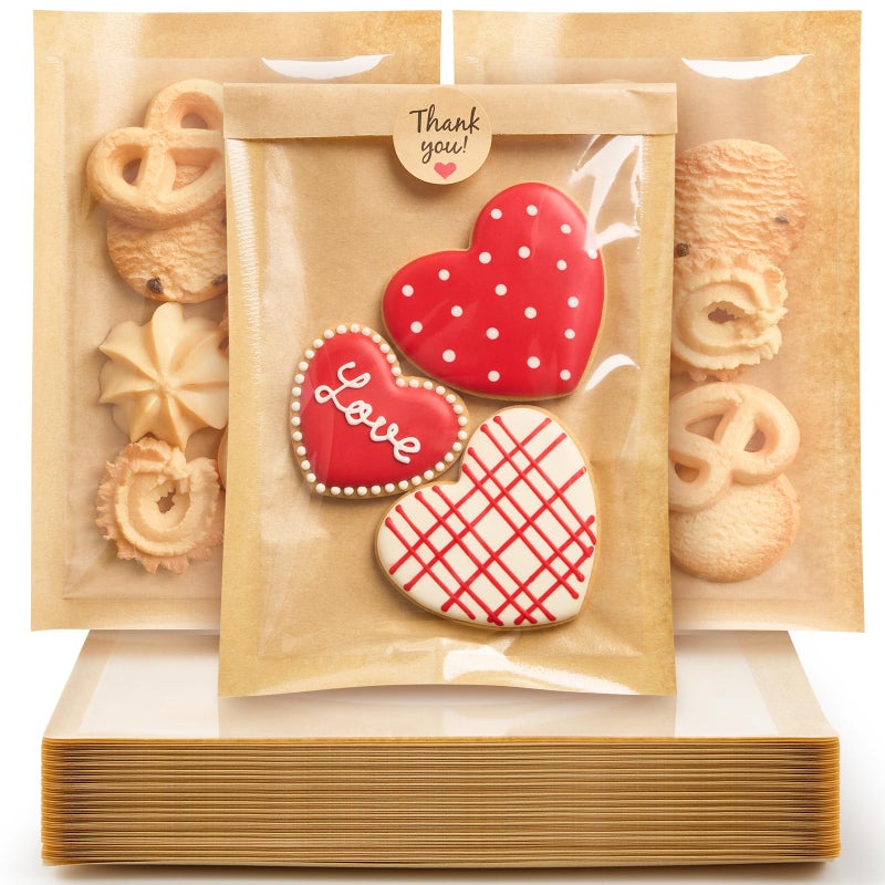 ZORRITA 100 Pack Heat-Sealable Cookie Bags with Window, 5.1 x 7.5 Inches Small Clear Front To Go Bakery Bags, Grease Resistant Kraft Paper Treat Sleeves for Packaging Snack Donut Pastry (Brown) - Image 1