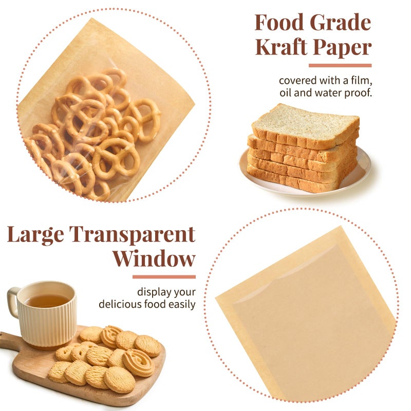 ZORRITA 100 Pack Heat-Sealable Cookie Bags with Window, 5.1 x 7.5 Inches Small Clear Front To Go Bakery Bags, Grease Resistant Kraft Paper Treat Sleeves for Packaging Snack Donut Pastry (Brown) - Image 4