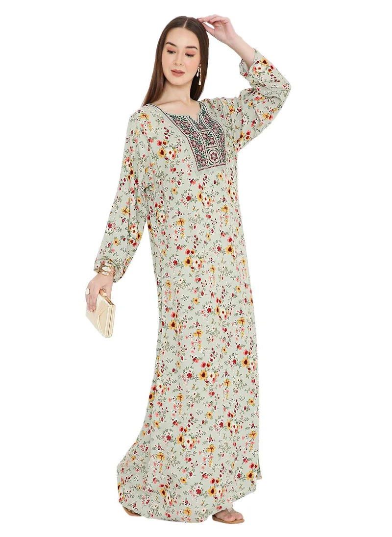 هانا آند سارا UNIQUE LONG PRINTED WITH STYLISH MULTICOLOUR THREAD EMBROIDERY ELEGANT ARABIC KAFTAN JALABIYA DRESS