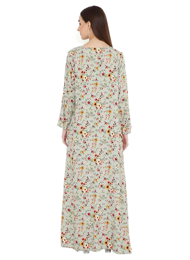 هانا آند سارا UNIQUE LONG PRINTED WITH STYLISH MULTICOLOUR THREAD EMBROIDERY ELEGANT ARABIC KAFTAN JALABIYA DRESS