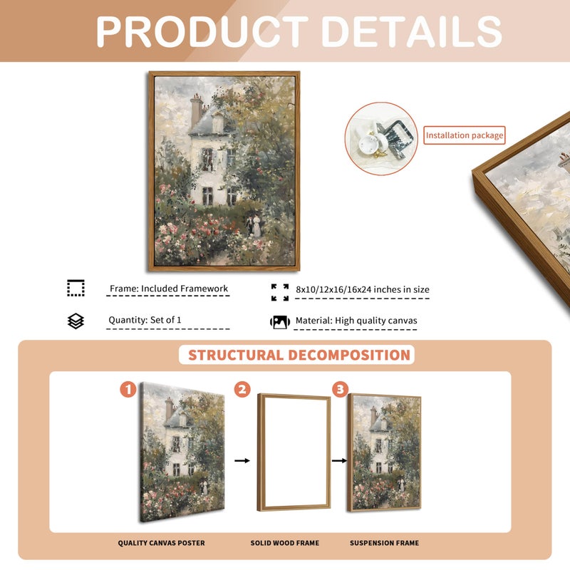 AKWISH Floating Framed Canvas Vintage Wall Art, Neutral English Cottage Rose Garden Oil Paintings Print, Spring Pictures Wall Decor for Living Room Hallway Bedroom Office Rustic Decor 8x10 inch - Image 5