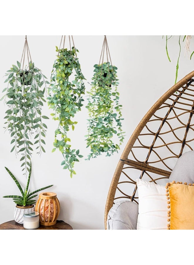 هومار كيت النباتات المعلقة صناعيا، 3 حزمة مزيفة وعاء النبات الخضري فاو أوكالبتوس الكرم، ماندالا الكرم، أوراق جراب البازلاء في وعاء لغرفة المنزل في الهواء الطلق الرف ديكور - Image 5