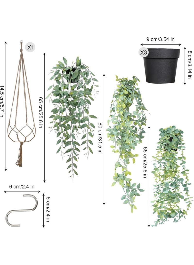 هومار كيت النباتات المعلقة صناعيا، 3 حزمة مزيفة وعاء النبات الخضري فاو أوكالبتوس الكرم، ماندالا الكرم، أوراق جراب البازلاء في وعاء لغرفة المنزل في الهواء الطلق الرف ديكور - Image 2