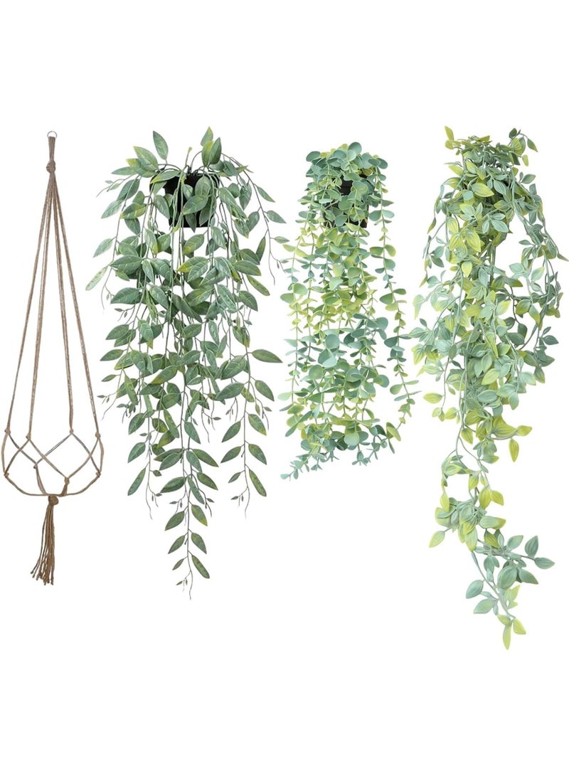 هومار كيت النباتات المعلقة صناعيا، 3 حزمة مزيفة وعاء النبات الخضري فاو أوكالبتوس الكرم، ماندالا الكرم، أوراق جراب البازلاء في وعاء لغرفة المنزل في الهواء الطلق الرف ديكور - Image 1