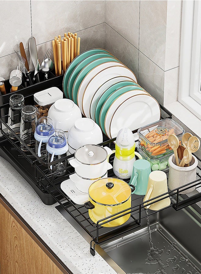 HOOPZOZA رف تجفيف الأطباق القابل للتمديد HOOPZOZA مع حامل أدوات المائدة، رف أطباق كبير لمغسلة المطبخ، مصفاة أطباق من الفولاذ المقاوم للصدأ مع لوح تصريف وصنبور - Image 1