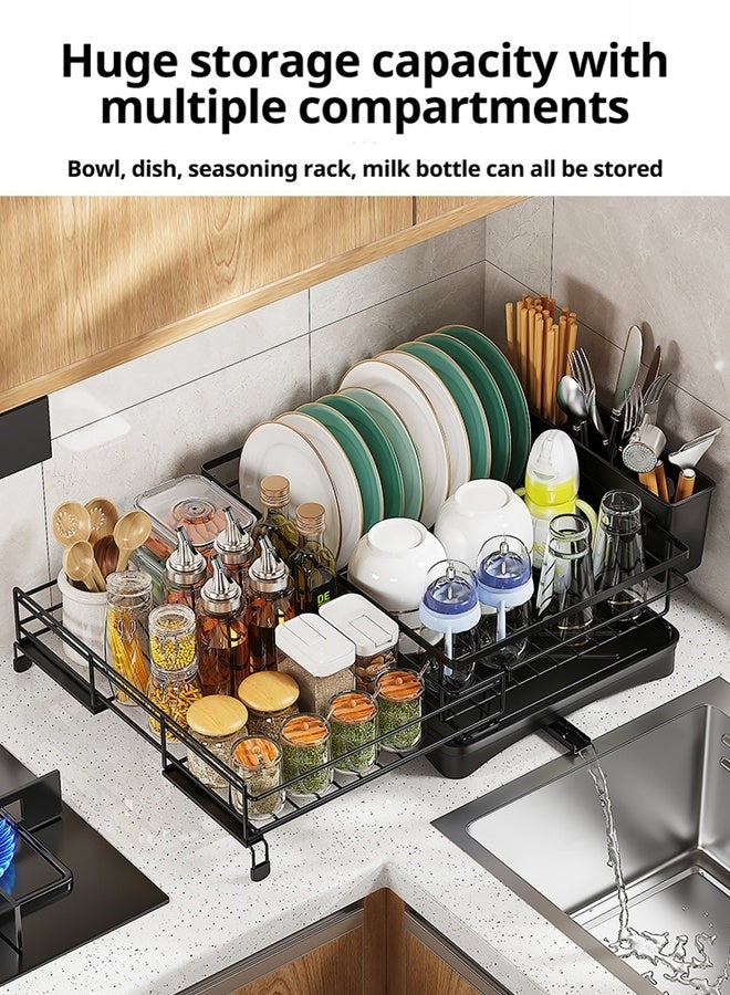 HOOPZOZA رف تجفيف الأطباق القابل للتمديد HOOPZOZA مع حامل أدوات المائدة، رف أطباق كبير لمغسلة المطبخ، مصفاة أطباق من الفولاذ المقاوم للصدأ مع لوح تصريف وصنبور - Image 2