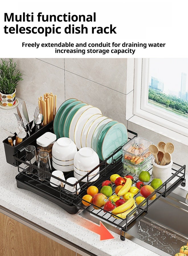 HOOPZOZA رف تجفيف الأطباق القابل للتمديد HOOPZOZA مع حامل أدوات المائدة، رف أطباق كبير لمغسلة المطبخ، مصفاة أطباق من الفولاذ المقاوم للصدأ مع لوح تصريف وصنبور - Image 3