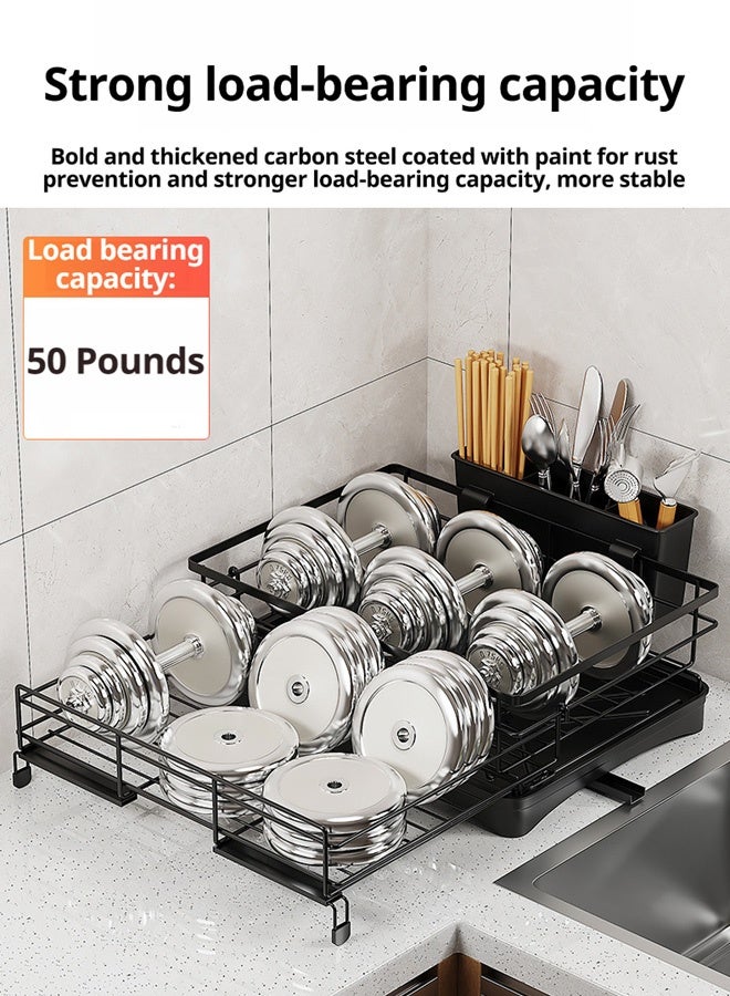 HOOPZOZA رف تجفيف الأطباق القابل للتمديد HOOPZOZA مع حامل أدوات المائدة، رف أطباق كبير لمغسلة المطبخ، مصفاة أطباق من الفولاذ المقاوم للصدأ مع لوح تصريف وصنبور - Image 4