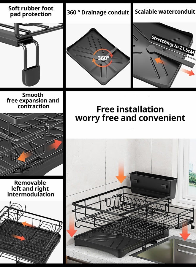 HOOPZOZA رف تجفيف الأطباق القابل للتمديد HOOPZOZA مع حامل أدوات المائدة، رف أطباق كبير لمغسلة المطبخ، مصفاة أطباق من الفولاذ المقاوم للصدأ مع لوح تصريف وصنبور - Image 5