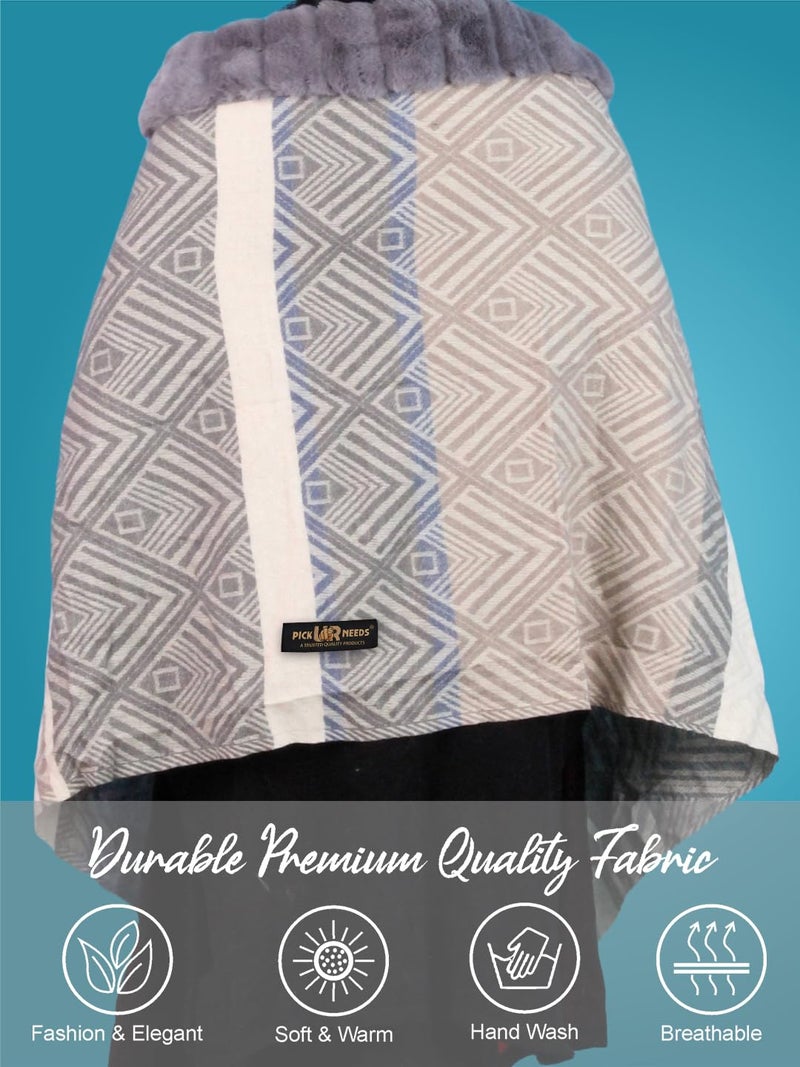 Pick Ur Needs Elegant Winter Soft & Warm Woolen Shawl with Faux Fur Border Multi Color Pattern Scarf (Grey) - Image 2