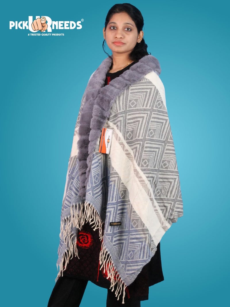 Pick Ur Needs Elegant Winter Soft & Warm Woolen Shawl with Faux Fur Border Multi Color Pattern Scarf (Grey) - Image 5