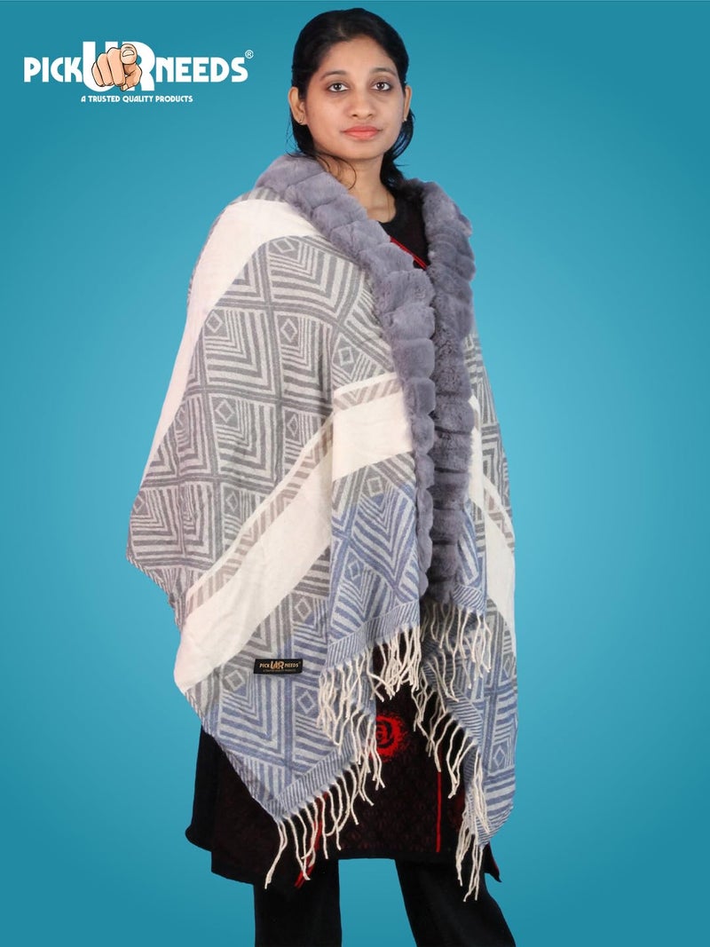 Pick Ur Needs Elegant Winter Soft & Warm Woolen Shawl with Faux Fur Border Multi Color Pattern Scarf (Grey) - Image 3