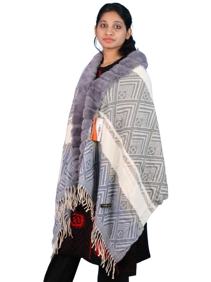 Pick Ur Needs Elegant Winter Soft & Warm Woolen Shawl with Faux Fur Border Multi Color Pattern Scarf (Grey) - Image 1