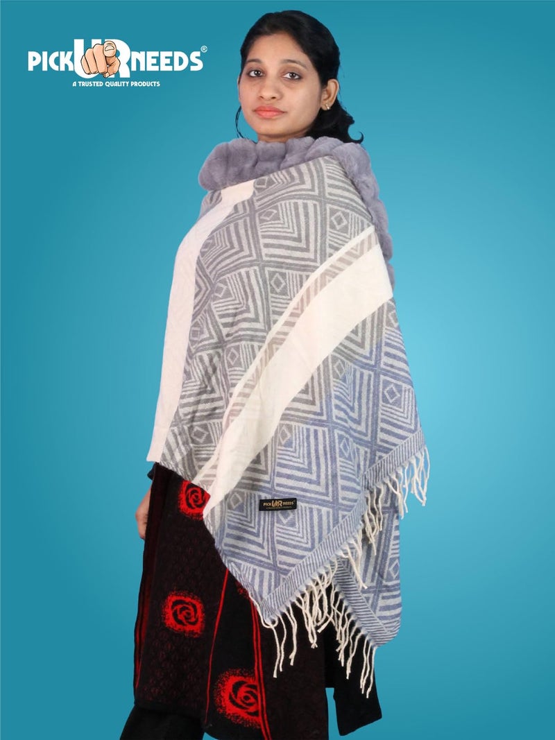 Pick Ur Needs Elegant Winter Soft & Warm Woolen Shawl with Faux Fur Border Multi Color Pattern Scarf (Grey) - Image 4