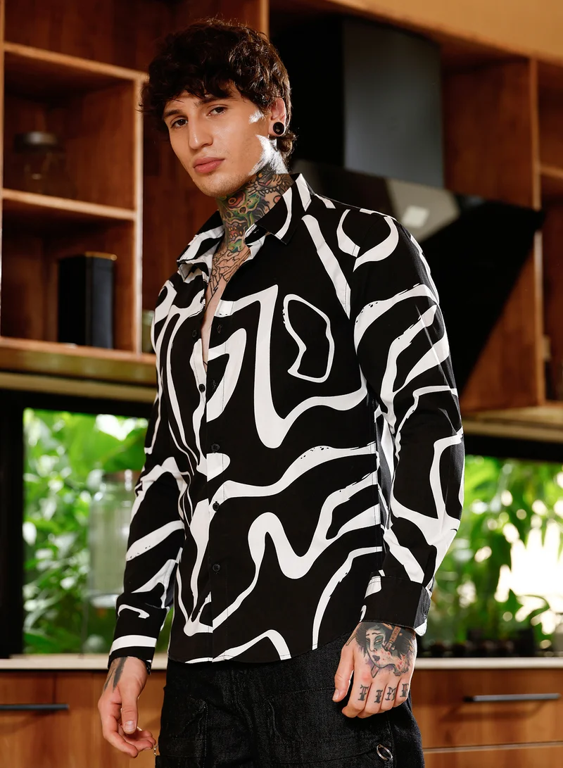 Campus Sutra Campus Sutra Men Contrast-Graffiti Imprint Shirt | Spread Collar Long Cuffed Sleeves | Button Closure Curved Hem | Abstract-Print Plain | Woven Fabric For Casual & Daily Wear | Onyx Black