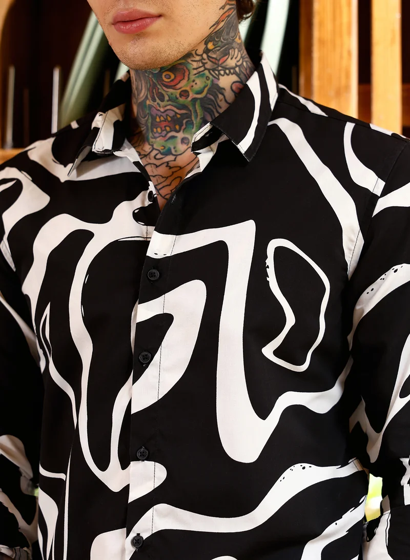 Campus Sutra Campus Sutra Men Contrast-Graffiti Imprint Shirt | Spread Collar Long Cuffed Sleeves | Button Closure Curved Hem | Abstract-Print Plain | Woven Fabric For Casual & Daily Wear | Onyx Black