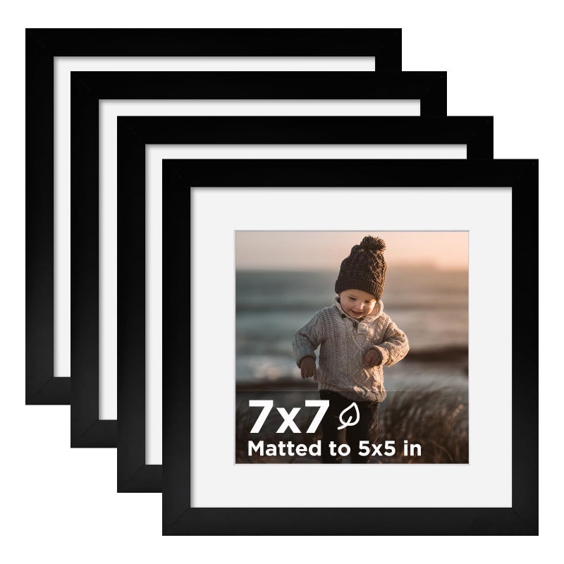 KINLINK 7x7 Picture Frame Black Set of 4 Wooden Square Photo Frames Matted 5x5 with Plexiglass for 5x5 with Mat or 7x7 without Mat for Table and Wall Display