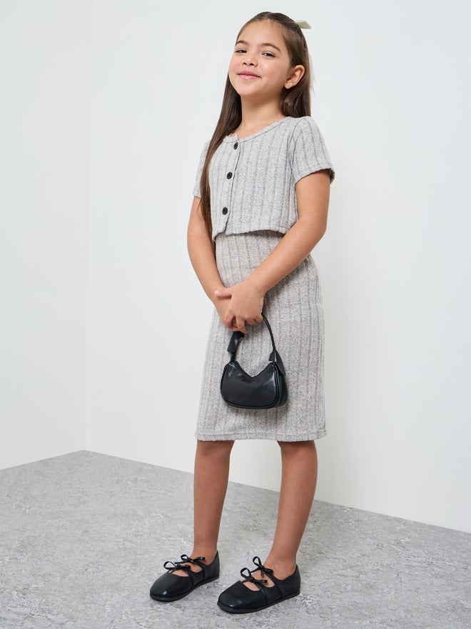 Styli Girls Ribbed Strappy Dress and Cardigan Set - Image 1
