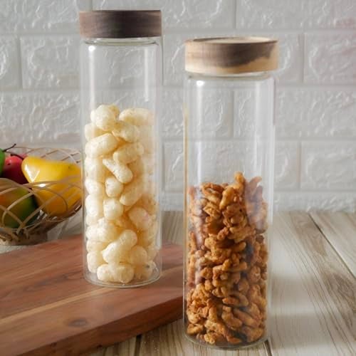 Femora Kitchen Storage Jars Borosilicate Glass With Wooden Lid Air Tight Jar, 950 Ml, Pack Of 1, Transparent - Image 3