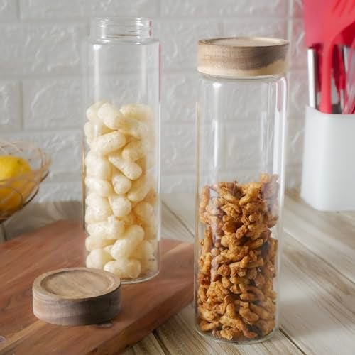 Femora Kitchen Storage Jars Borosilicate Glass With Wooden Lid Air Tight Jar, 950 Ml, Pack Of 1, Transparent - Image 1