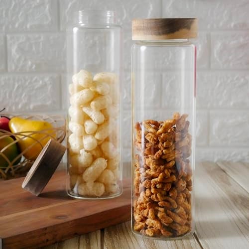 Femora Kitchen Storage Jars Borosilicate Glass With Wooden Lid Air Tight Jar, 950 Ml, Pack Of 1, Transparent - Image 4