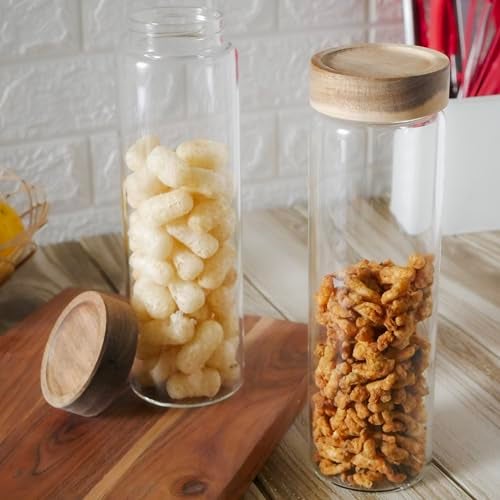 Femora Kitchen Storage Jars Borosilicate Glass With Wooden Lid Air Tight Jar, 950 Ml, Pack Of 1, Transparent - Image 5