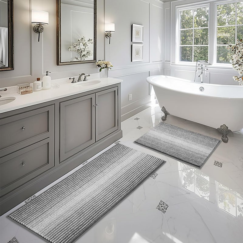 BSICPRO Bathroom Rugs and Mats Sets 2 Piece Thick Absorbent Chenille Bath Mat Rug Set Non Slip Soft Shaggy Bath Room Floor Mats for Bathroom Machine Washable Gray 20 x 47 Plus 20 x 32