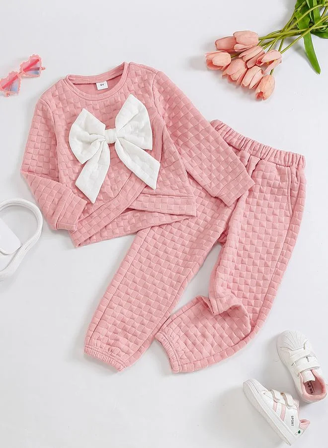 Take Two Take Two Girl's Texture Bow Detail Long Sleeve T-shirt With Pants Set