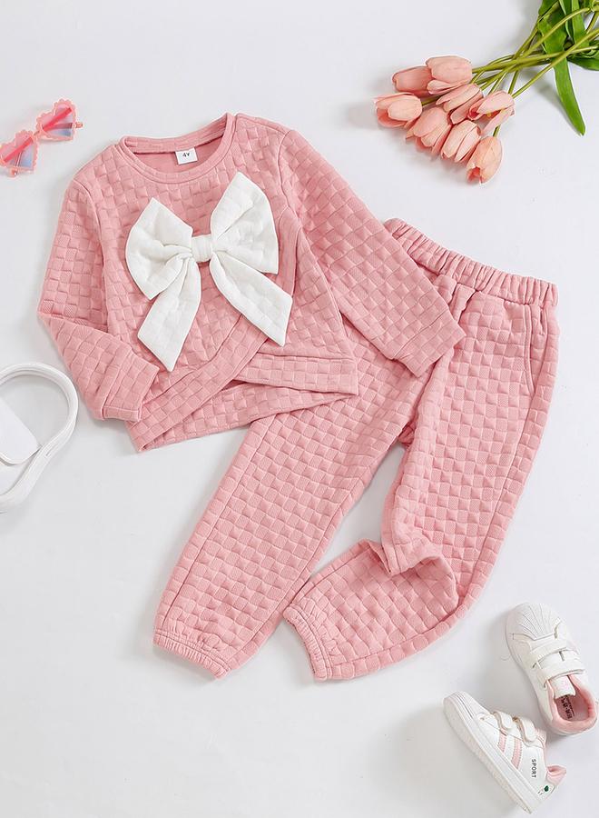 Take Two Girl's Texture Bow Detail Long Sleeve T-shirt With Pants Set - Image 1