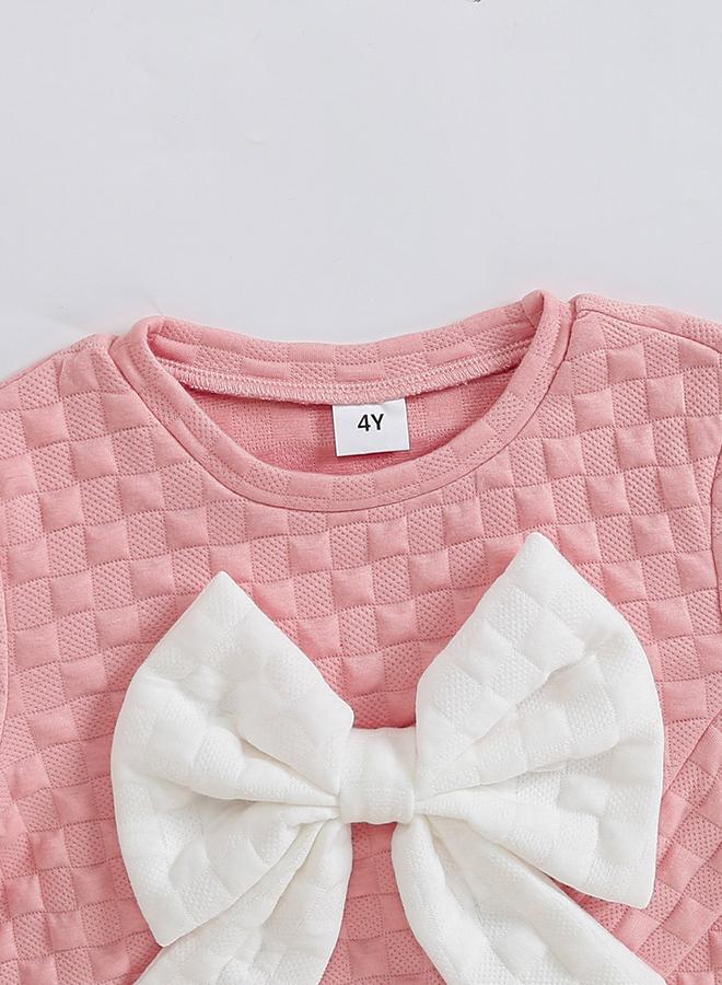 Take Two Girl's Texture Bow Detail Long Sleeve T-shirt With Pants Set - Image 3