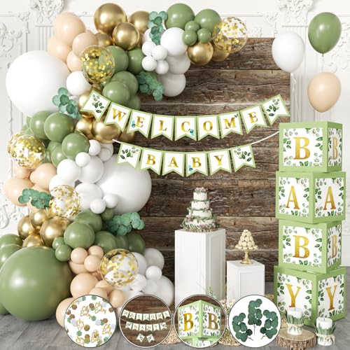 RainMeadow 258 PC Sage Green Baby Shower Decorations Gender Neutral Mint Balloons Garland and BABY Boxes Welcome Baby Banner Olive Green Baby Shower Decorations for Boy and Girl Woodland Safari Jungle - Image 1