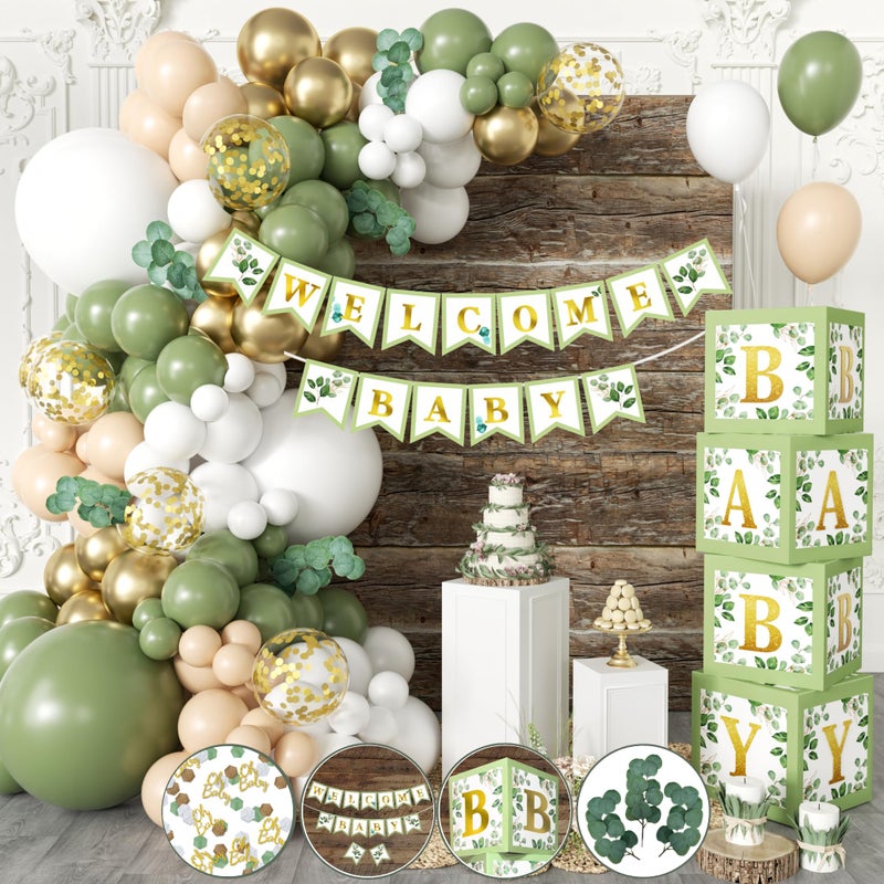 RainMeadow 258 PC Sage Green Baby Shower Decorations Gender Neutral Mint Balloons Garland and BABY Boxes Welcome Baby Banner Olive Green Baby Shower Decorations for Boy and Girl Woodland Safari Jungle - Image 2