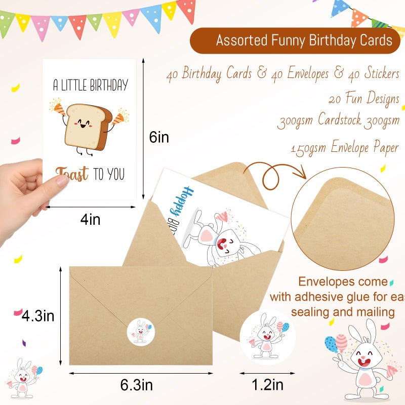 Thboxes 40 Birthday Cards with Envelopes & Stickers Set, 4"x6" Funny Bulk Birthday Card 20 Unique Designs Cute Handmade Greeting Card for Kids, Women, Friends, Family, Work & Office - Image 3