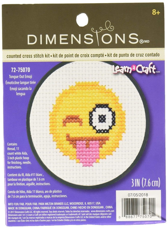 Dimensions Winking Tongue Out Emoji Mini Counted Cross Stitch Kit for Beginners, 11 Count White Aida, 3''D