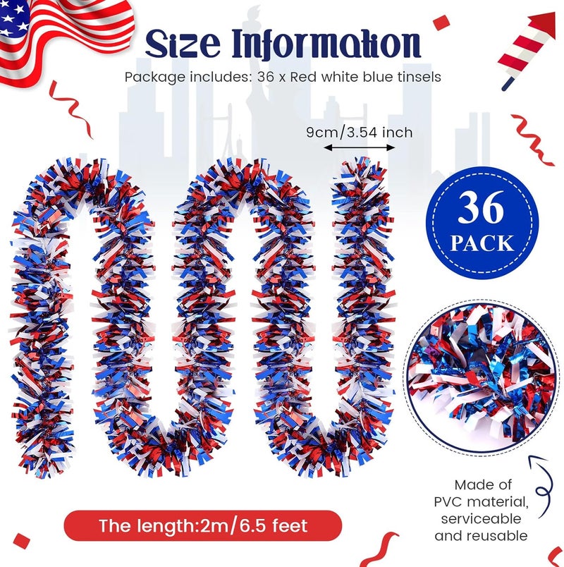 Jexine Jexine 36 Pieces 236 Feet Red White Blue Garland Decorations Patriotic 4th of July Tinsel Glitter Memorial Day Independence Day Metallic Garland for Labor Decorations  - Image 2
