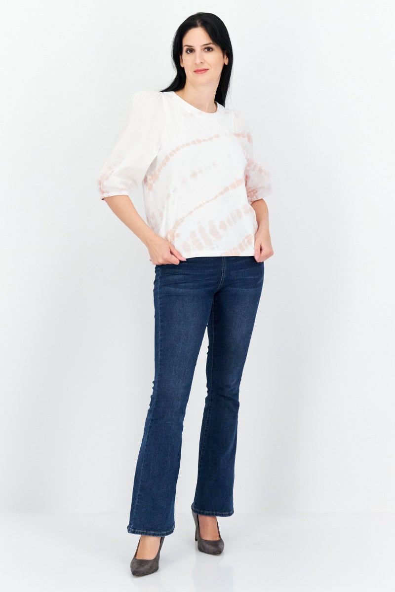 Splendid Women Round Neck Puff Sleeves Ombre Blouse, White Combo - Image 2